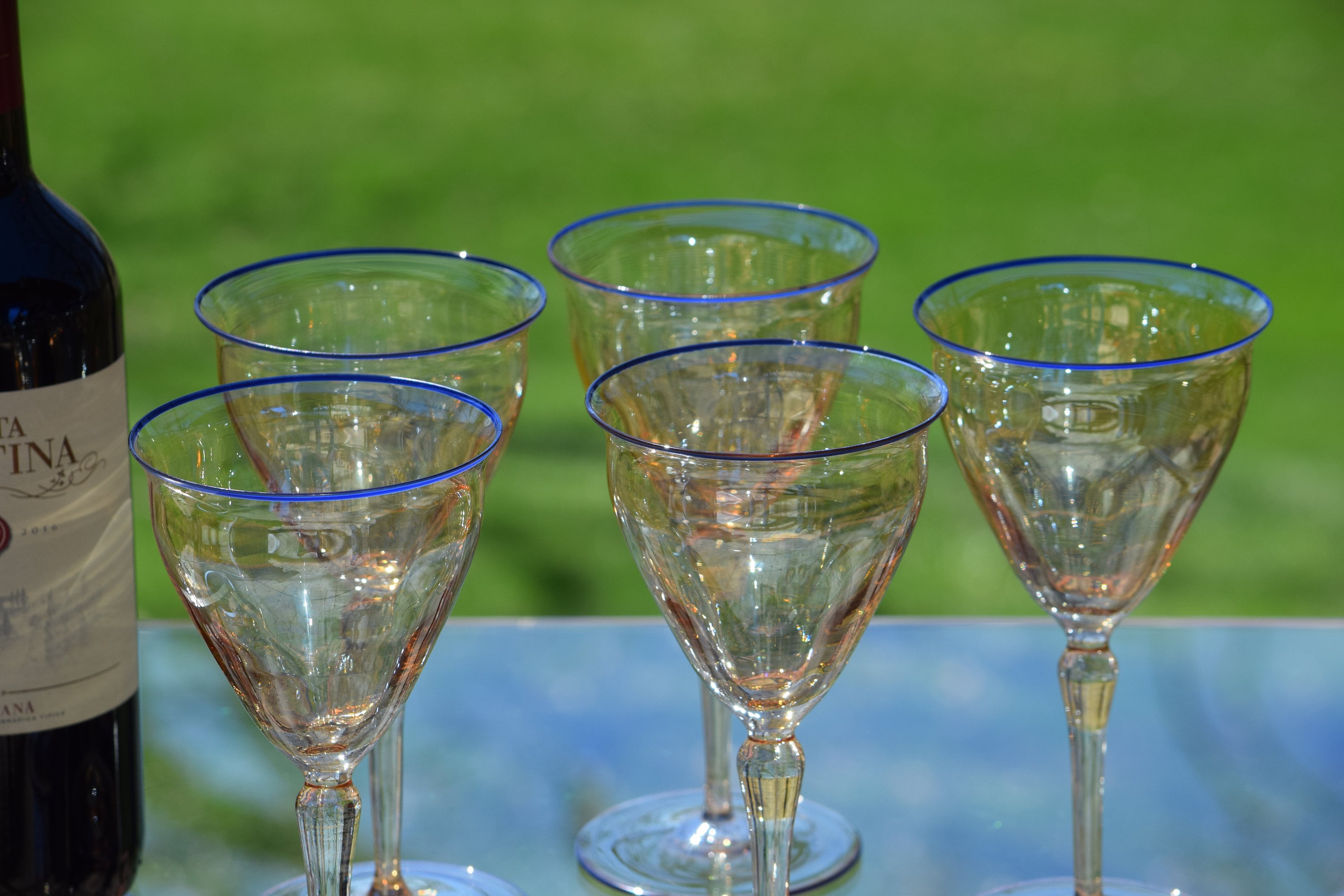 Vintage Champagne Colored with Blue Rim Wine Glasses, Set of 5