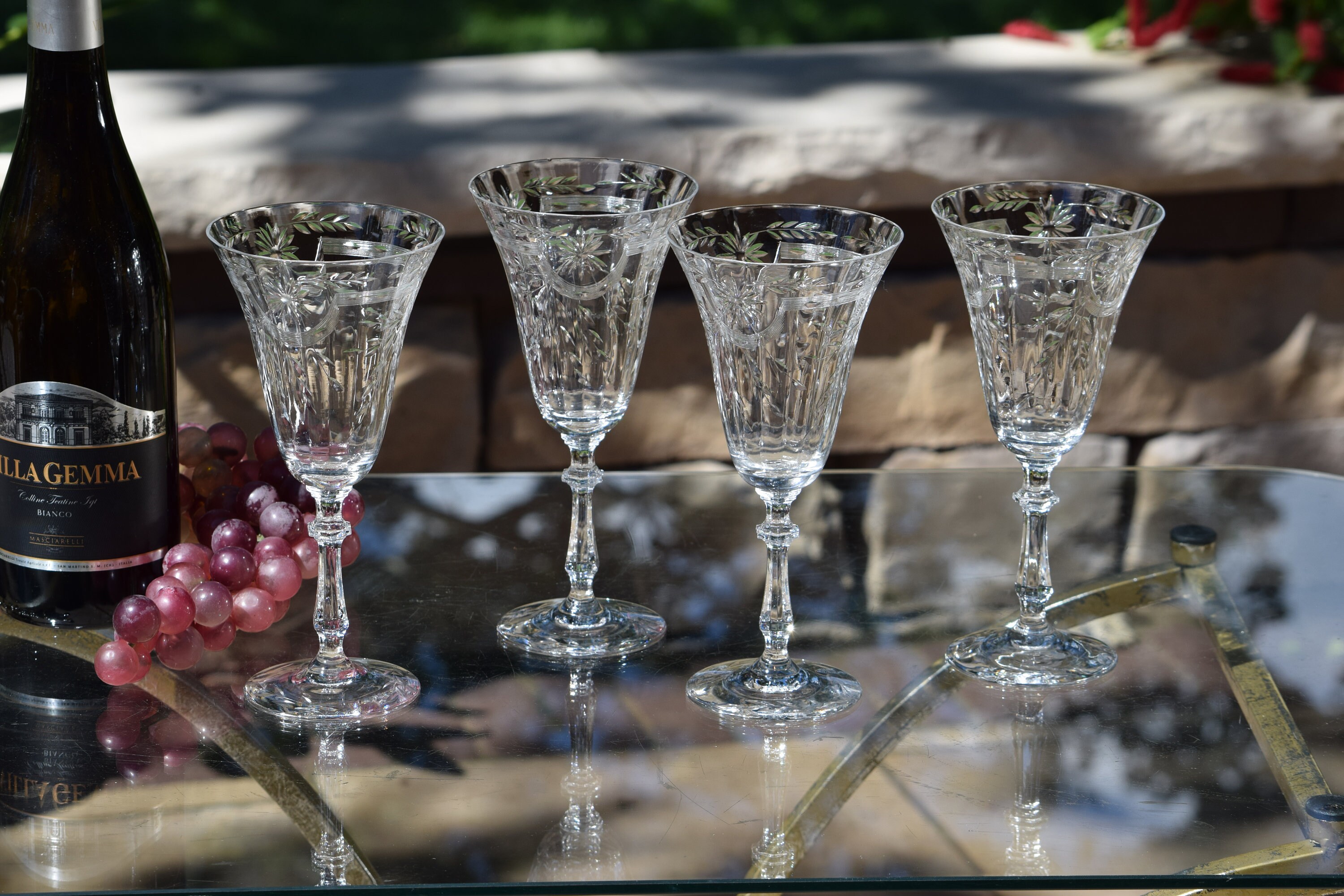 4 Vintage Etched Crystal Wine Glasses, Glastonbury Lotus, Hostess, circa 1940's Tall Crystal