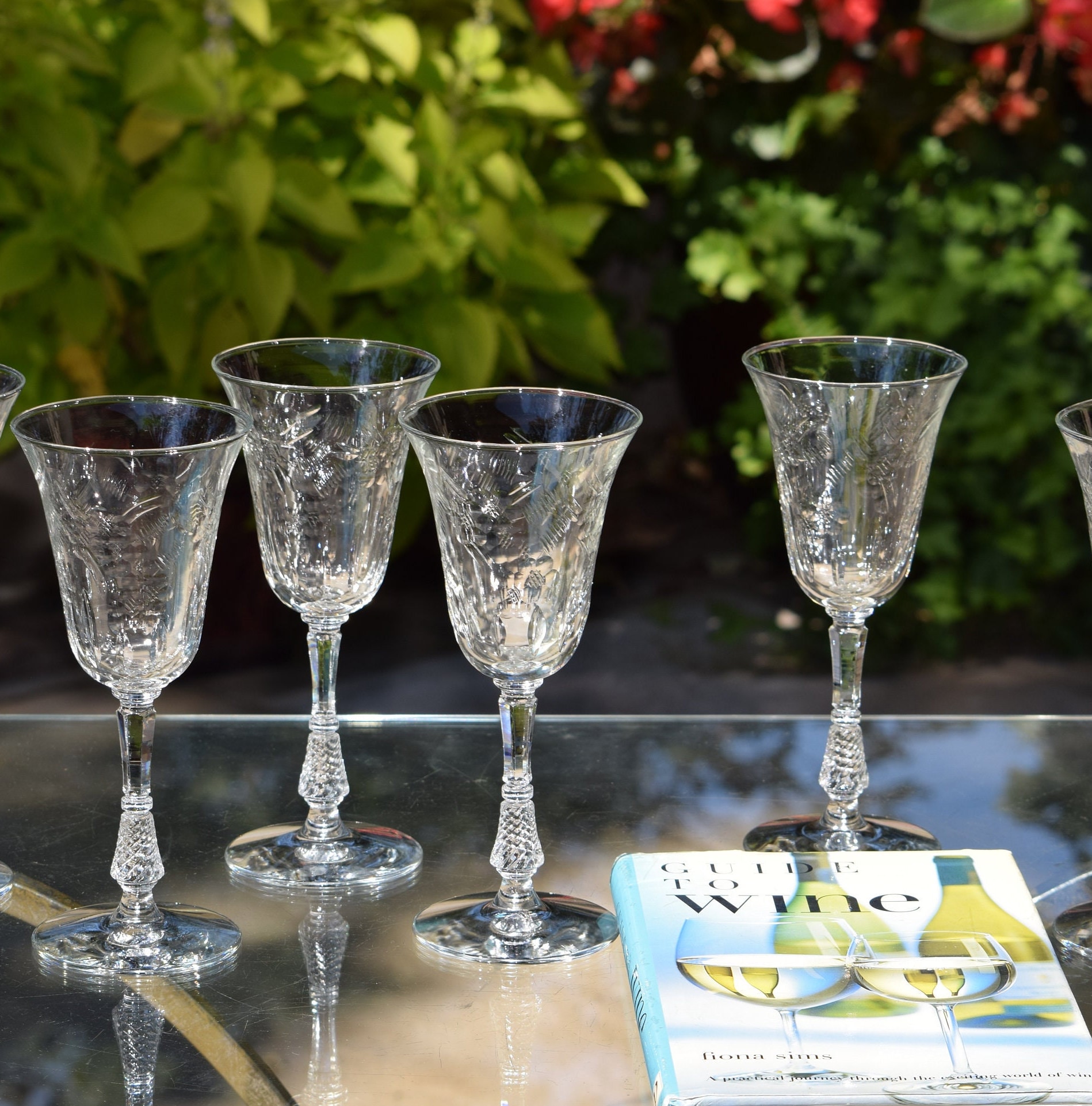 Vintage Etched Wine Glasses, Set of 4, Floral Etched Wine glasses ~ Water  Goblet