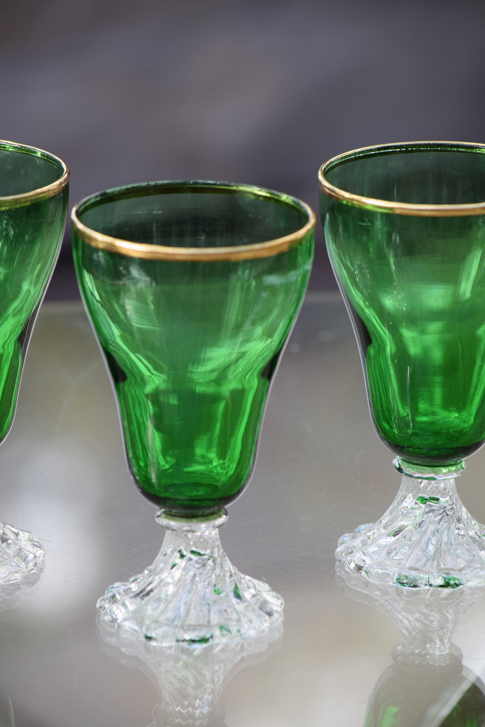 Green Depression Glass Stem Clear Small Cordial Drinking Glasses