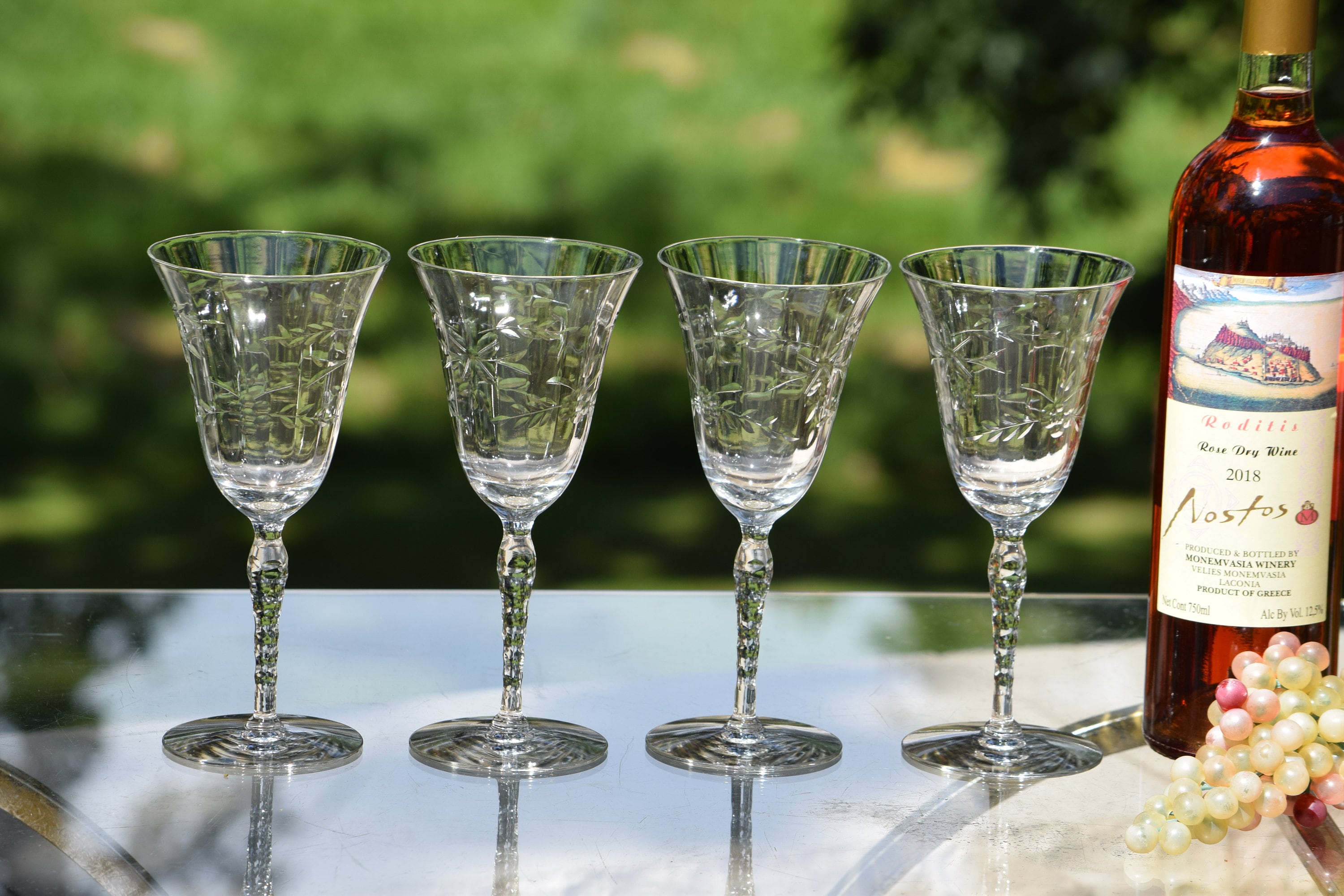 5 Vintage Etched Tall Wine Glasses ~ Water Goblets, Faceted Stem