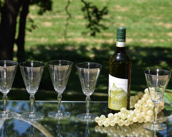 5 Vintage Wine Glasses, Silver Striped Wine Glasses, Vintage Platinum Rimmed Wine Glasses ~ Water Goblets, Silver Rim Wine Glasses