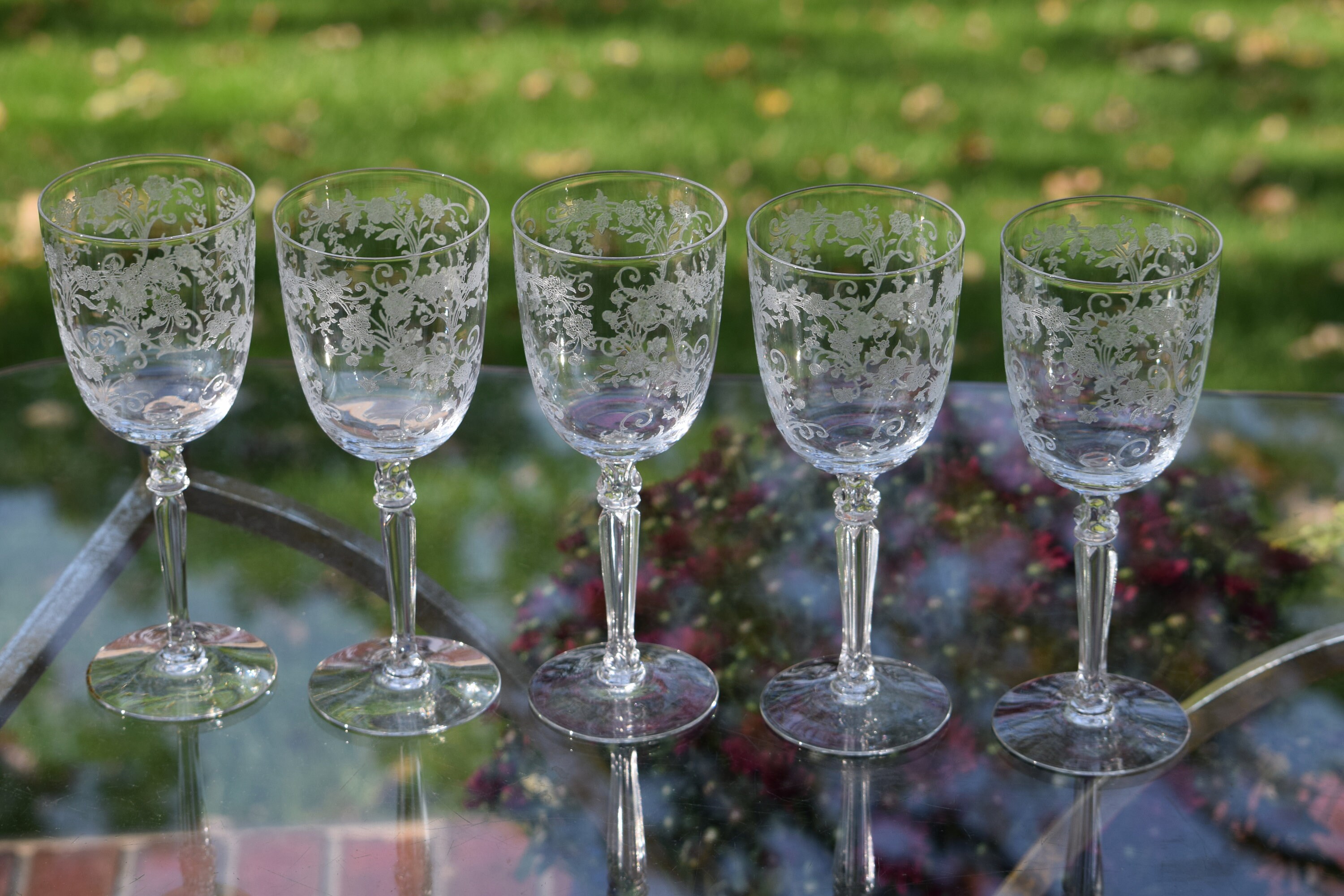 Vintage Etched CRYSTAL Wine Glasses, Set of 5, Fostoria, Buttercup, circa  1940's, Vintage Etched Water Goblets, Vintage Wedding Wine Glasses