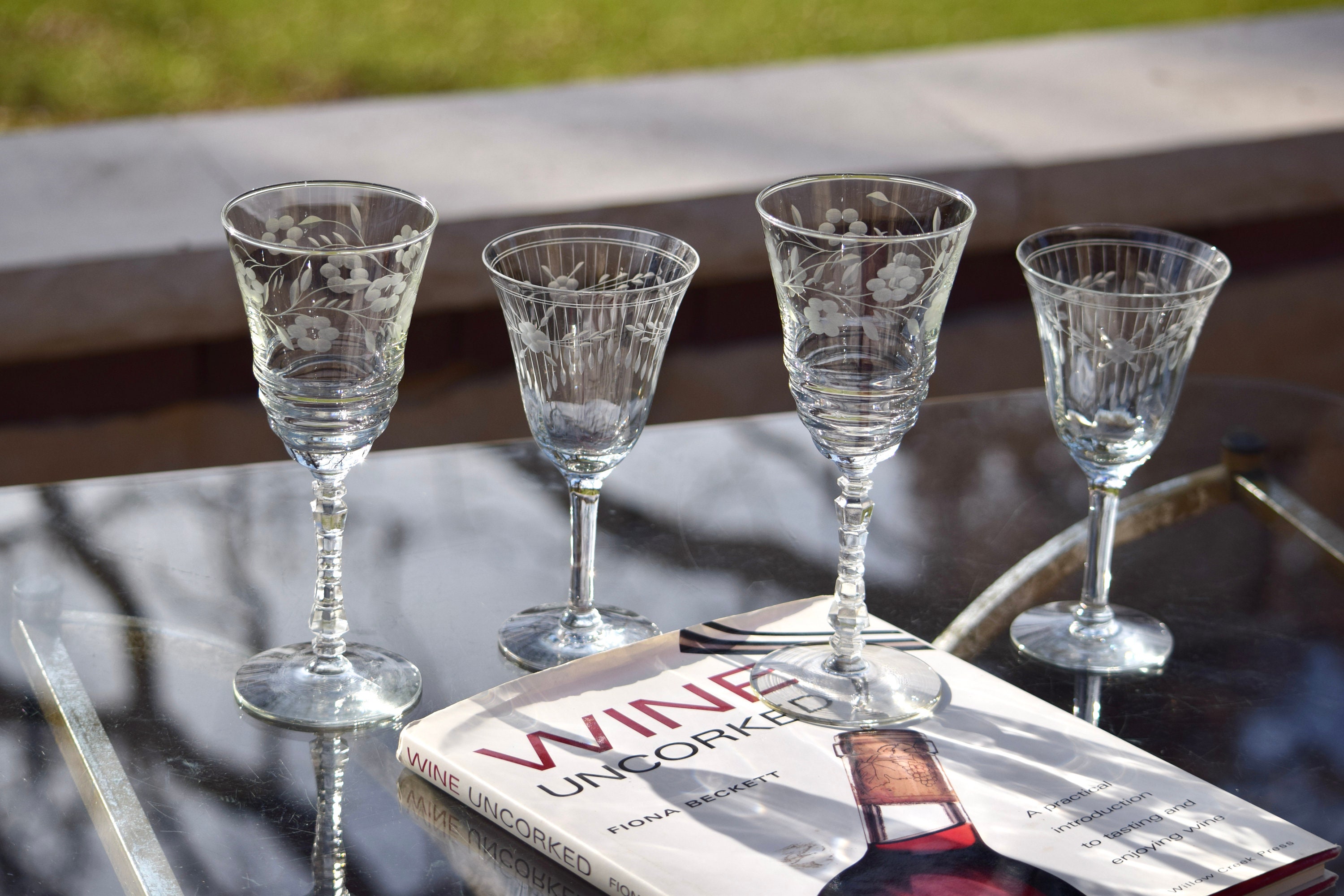 Engraved Wine Glasses - Set of 4, Vintage Vine Design