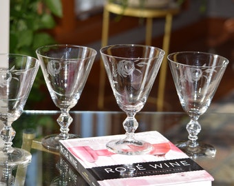 Vintage Etched Wine Glasses, Set of 4, Glastonbury Lotus, 1960s, Dinner Party Water Goblets, White Wine Glasses