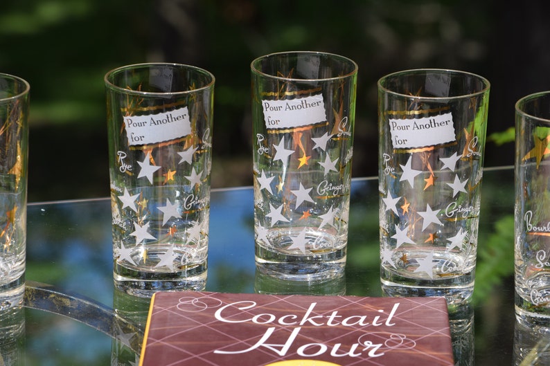 1950/'s 1960/'s Barware Set of 5 Vintage Cocktail- Whiskey Highball Glasses Mid Century Barware Pour Another For Whiskey Highballs