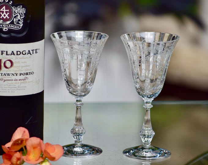 Vintage Etched Crystal Port Wine Glasses, Fostoria Corsage, 1935-1959, Dessert Sherry Wine Glasses
