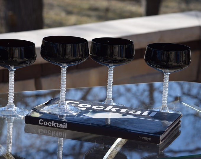 4 Vintage Black & Clear Cocktail Glasses ~ Champagne Coupes, Fostoria, 1960's,  Nick and Nora Coupes, !970's Black Cocktail Coupes