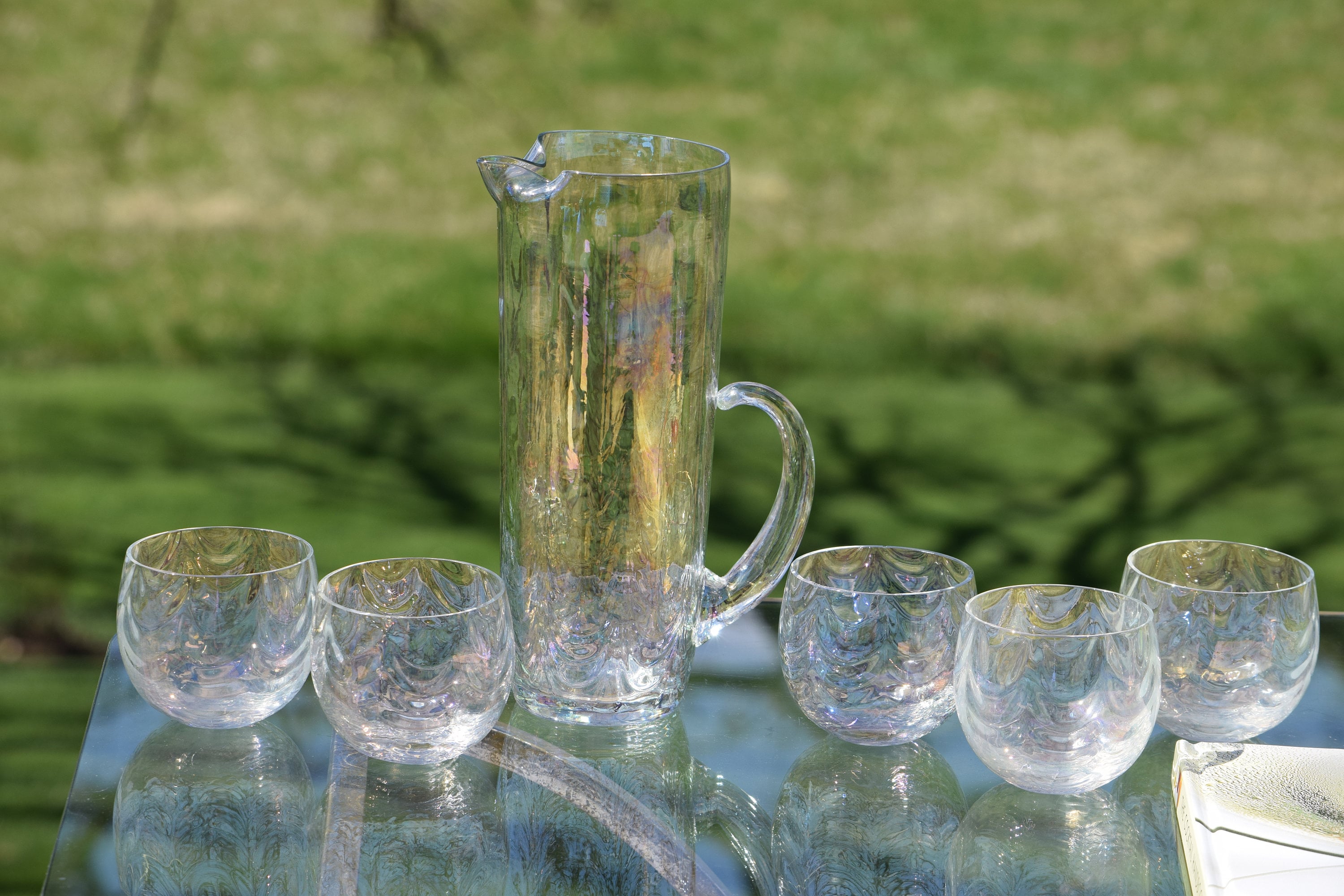 Vintage Iridescent Loop Optic Cocktail Pitcher with 6 Roly Polys, Fostoria,  Coral Pearl, 1960's, Batch Cocktail Pitcher, Home Bartender