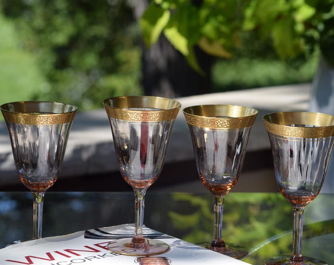 Vintage Gold Encrusted Pink Wine Glasses, Set of 4, Tiffin Franciscan, Rambler Rose Pink,  c. 1940,  Rare Find!  Gold Rimmed Wine Glasses