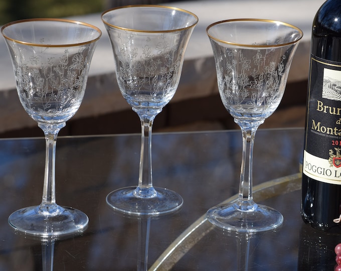 Vintage Lenox Fontaine Crystal Wine Glasses: Etched Floral Gold Rim (Set of 4)