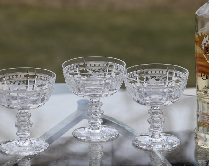 Vintage Etched Crystal Cocktail Glasses ~ Martini Glasses, Rock Sharpe, 1950's,  Etched Champagne Coupes, Nick & Nora Cocktail Glasses