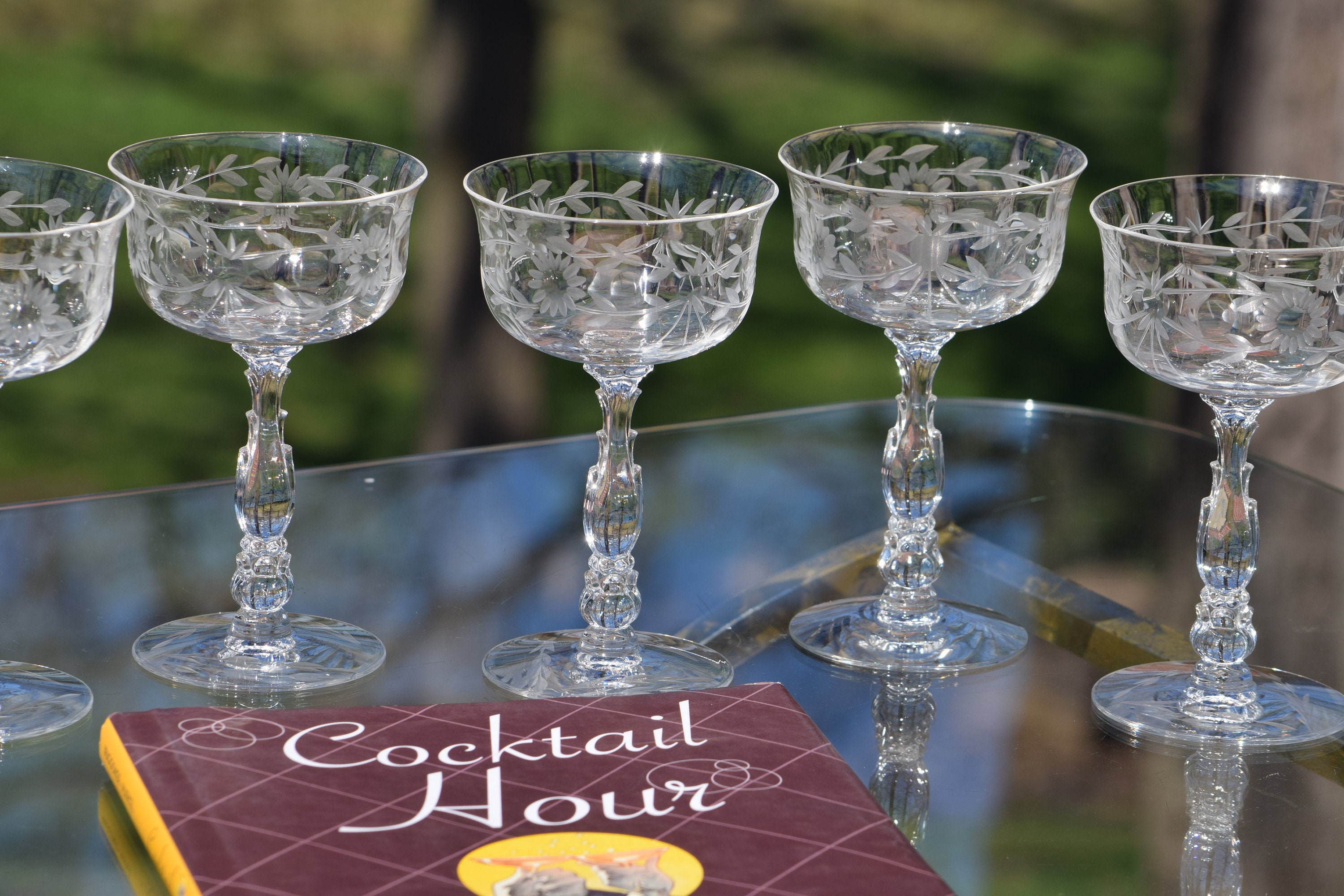 Vintage Etched Cocktail Martini Glasses, Set of 6, Fostoria, circa 1940