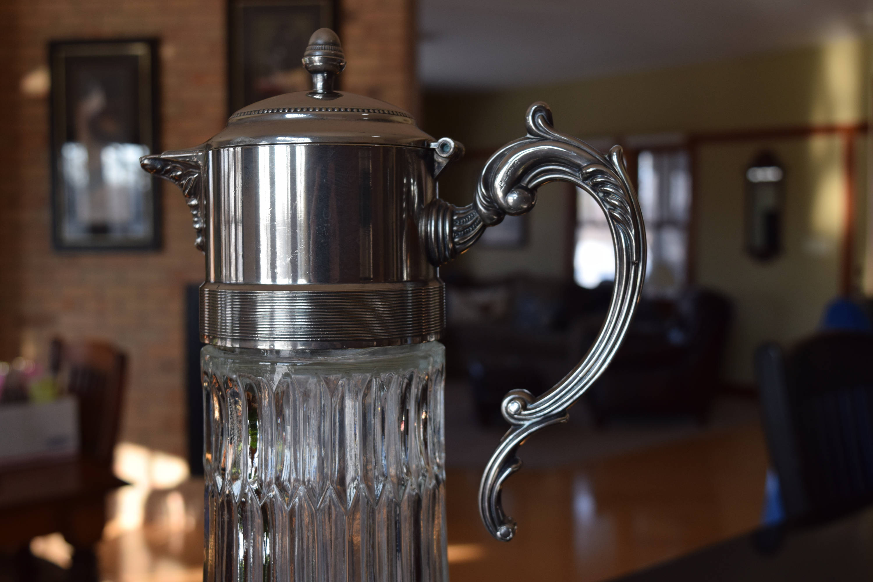 Vintage Wine Decanter Pitcher with Silver Top, circa 1940's, Home Bar