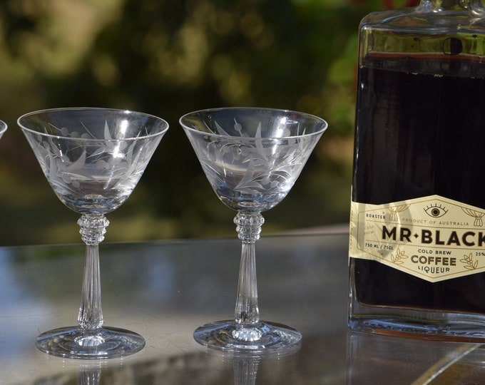 Vintage Fostoria Etched Crystal Liqueur Glasses, Set of 4, Mini Martini, Cocktail Tasting Glasses
