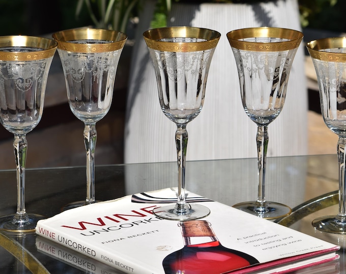 Vintage Gold Encrusted & Etched Wine Glasses, Set of 6, Central Glass Works, c. 1910,  Rare Find!  Gold Rimmed Wine Glasses