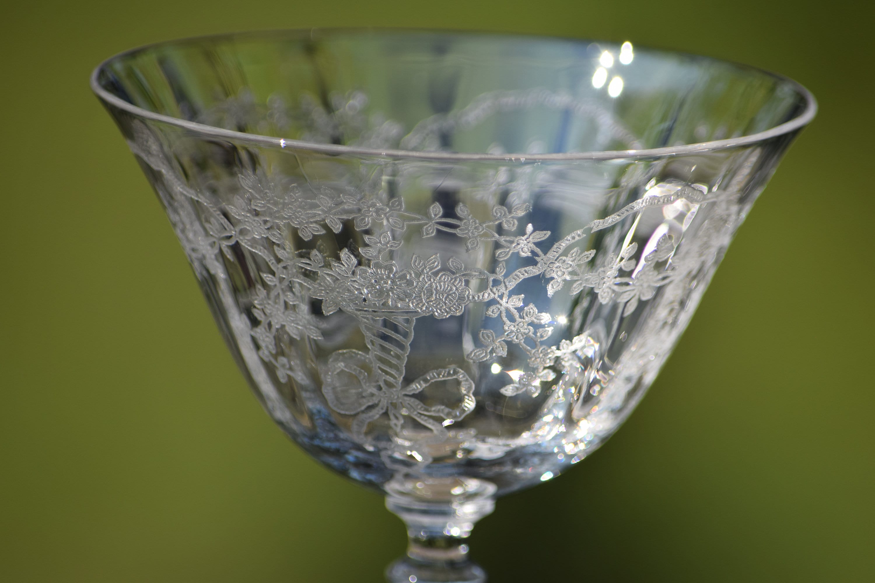 Vintage Needle Etched Crystal Cocktail Martini Glasses, Set of 4