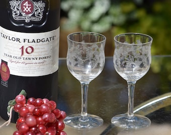 RARE FIND! 4 Antique Etched Port Wine Glasses, Central Glass Works, c 1910, 3 oz After Dinner Drink Wine Cordials ~ Dessert Wine Glasses