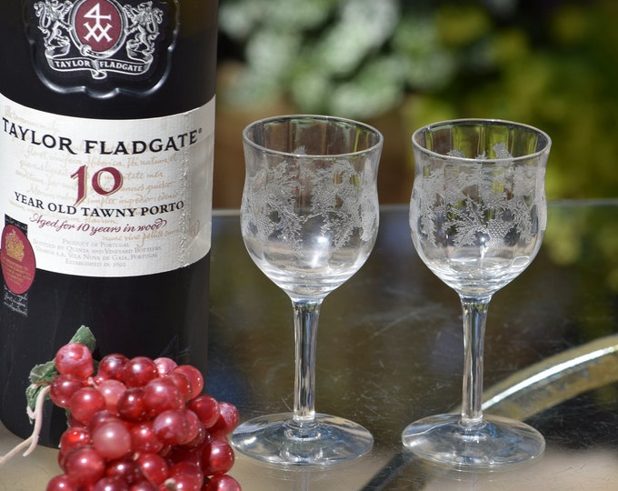 RARE FIND! 4 Antique Etched Port Wine Glasses, Central Glass Works, c 1910, 3 oz After Dinner Drink Wine Cordials ~ Dessert Wine Glasses