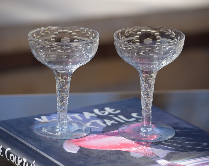 2 Vintage CRYSTAL Hollow Stem Cocktail Glasses ~ Champagne Coupes, Rock Sharpe, 1940's, Vintage Champagne Wedding Toasting Glasses
