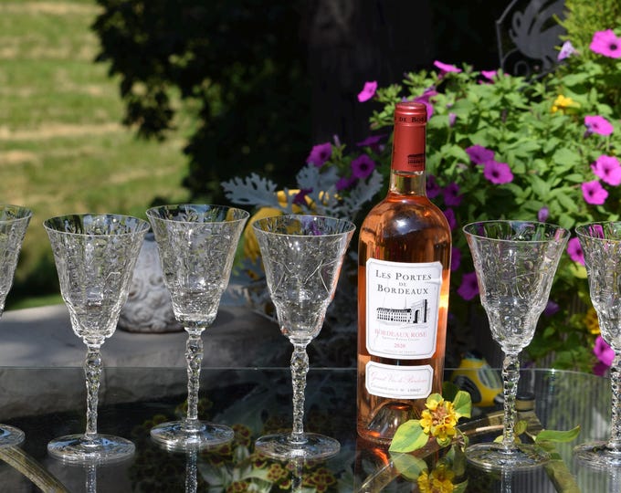 SIP IN STYLE!  6 Vintage Etched Crystal Wine Glasses, Seneca, 1940's, Vintage Tall Crystal Water Goblets, Vintage Glassware, 10 oz wine