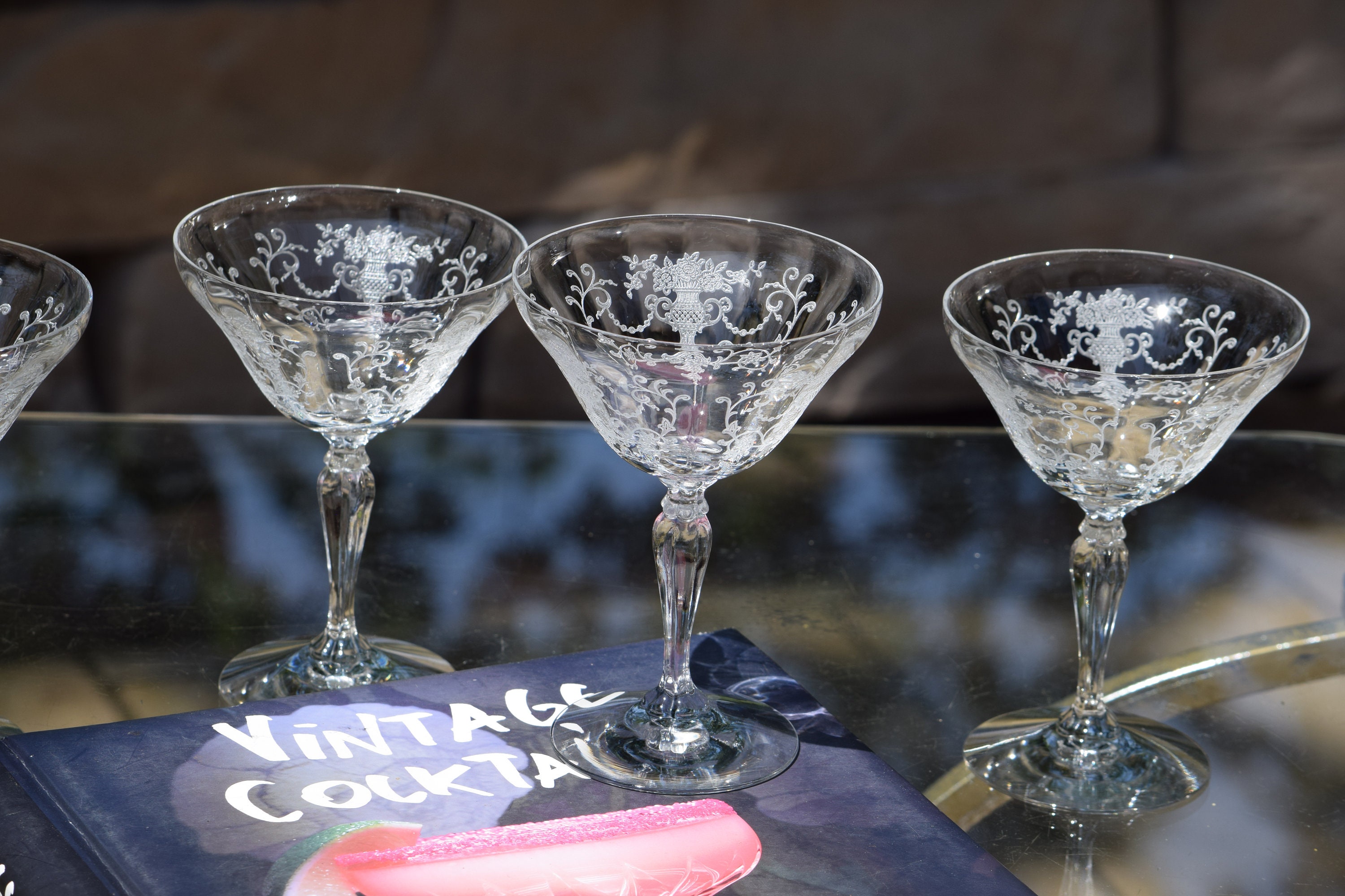 4 Vintage Etched CRYSTAL Cocktail Martini glasses, Fostoria