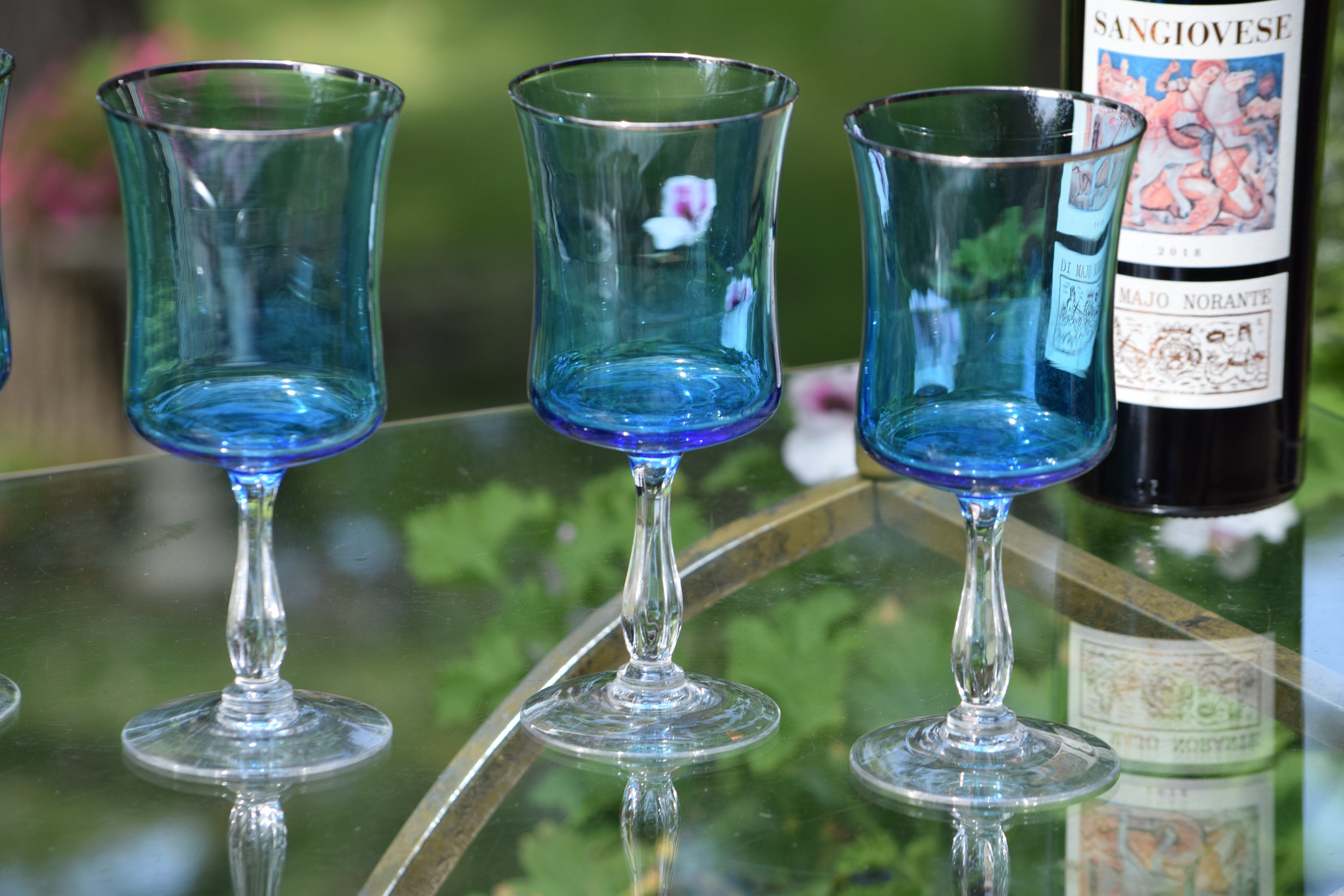 Set of 4 blue tinted wine glasses #BlueGlass #VintageWineGlasses