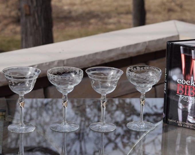SIP in STYLE! 4 Vintage Etched Cocktail ~ Martini Glasses, Set of 4 Mis-Matched - Mixed Cocktail glasses,  1950's, Nick and Nora