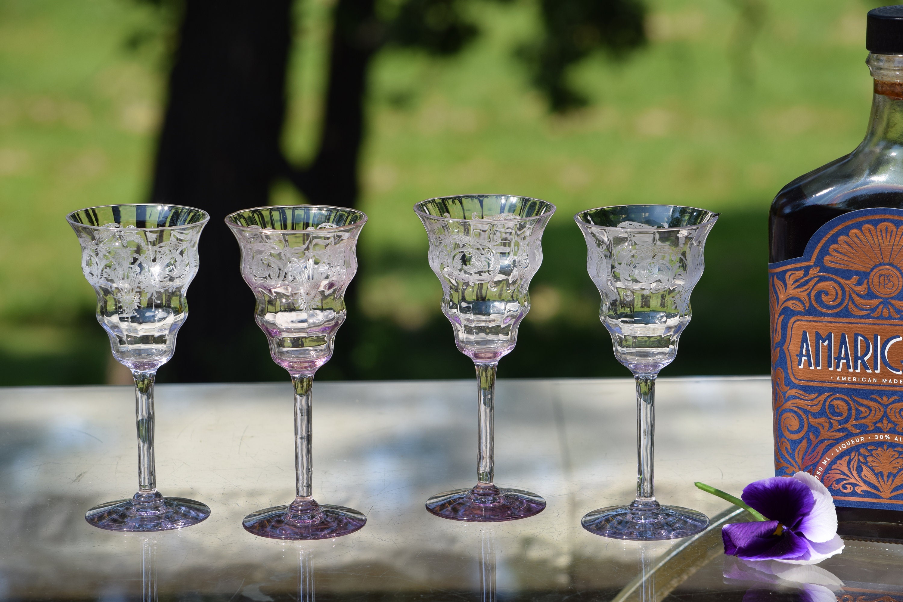 1920s Set of 4 Antique French Glass Wine Glasses