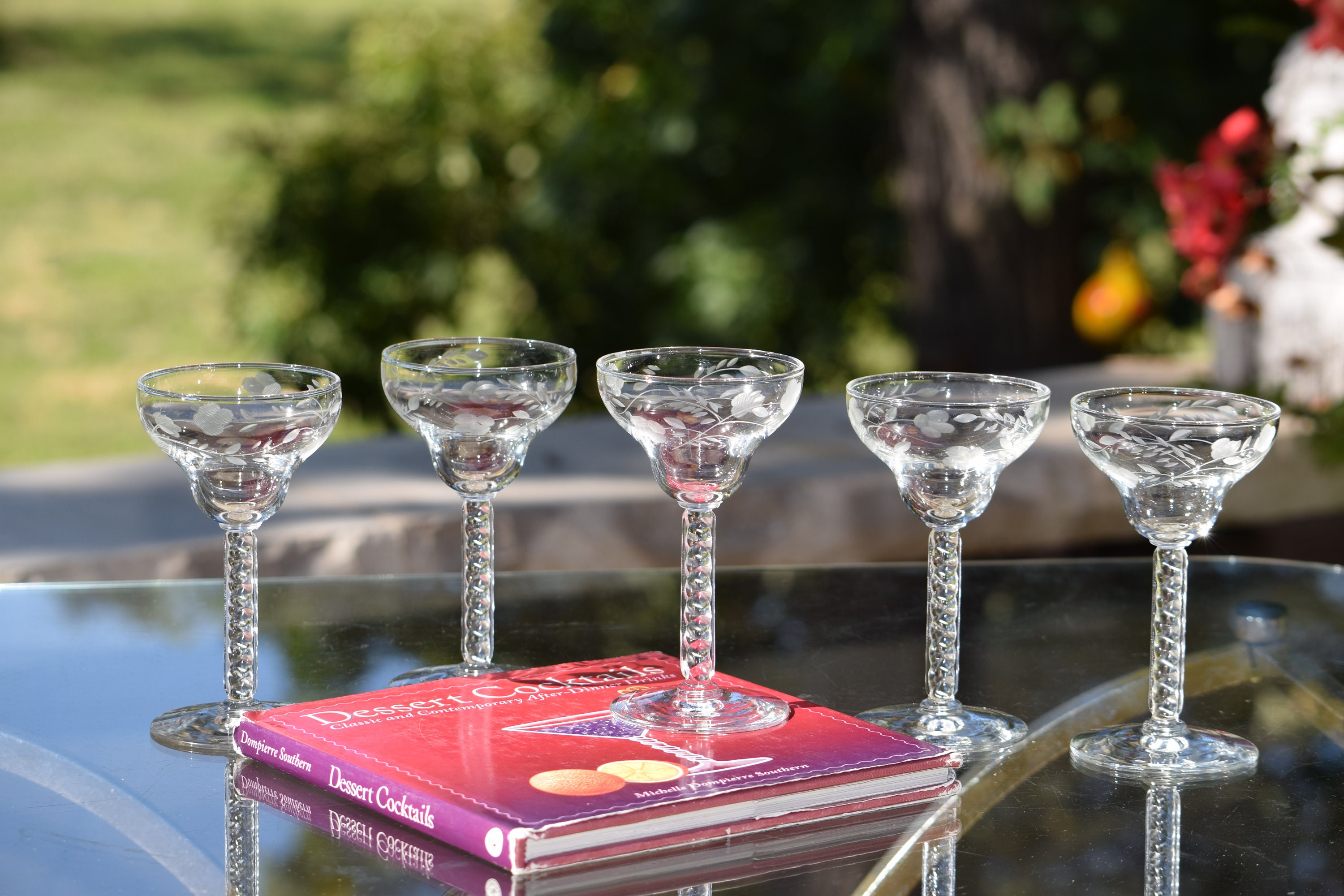 5 Vintage Etched Wine~ Liquor Glasses, 1950's, 4 oz After Dinner