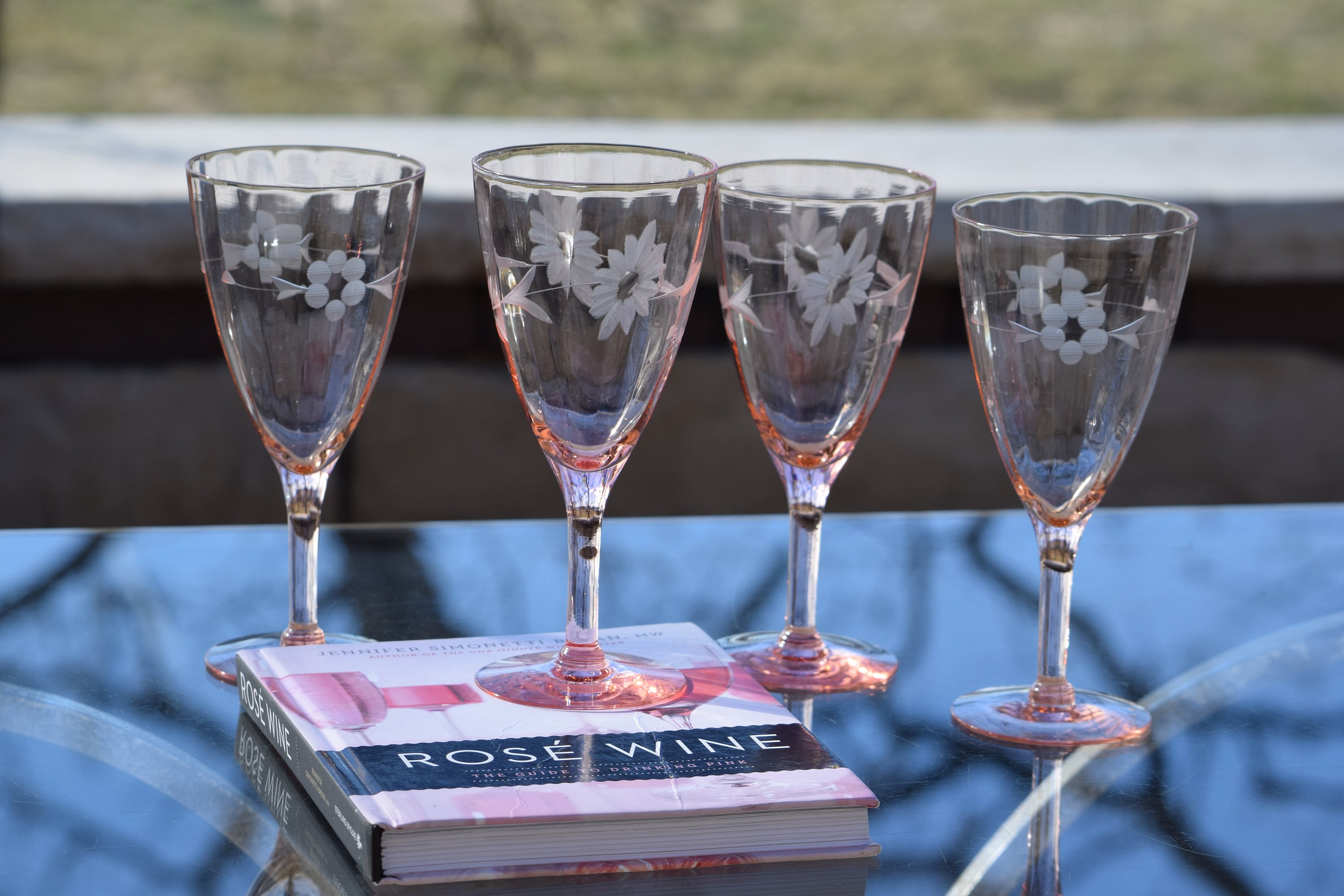 Vintage 1950's Cut Crystal large Wine Glass Set of 4 - Detailed Floral  Design