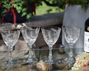 4 Vintage Etched Crystal Wine Glasses, Cambridge, 1940's,  Vintage Crystal Water Goblets ~ Champagne Cocktail Glasses