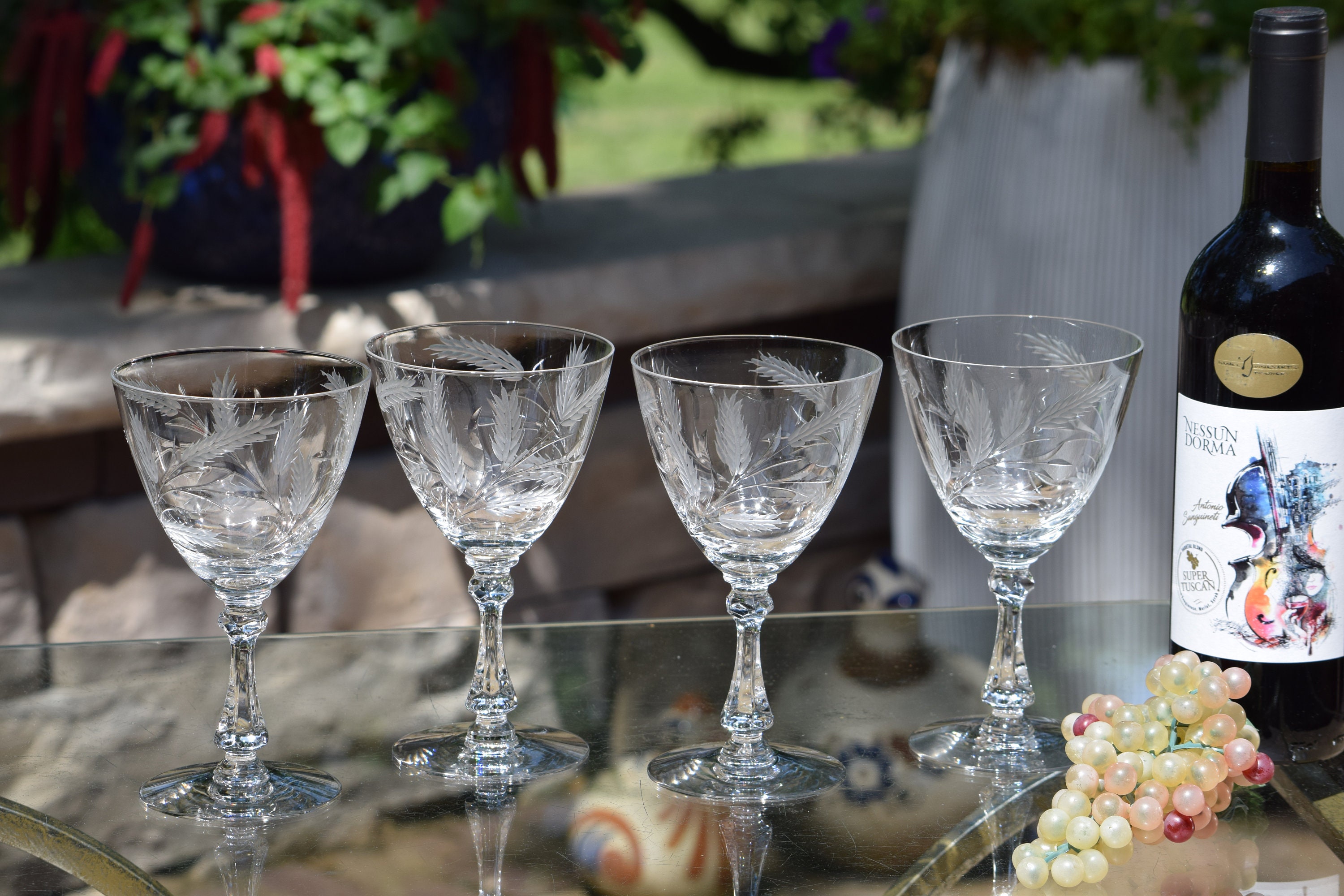 4 Vintage Etched Crystal Wine Glasses, Cambridge, 1940's, Crystal Water  Goblets