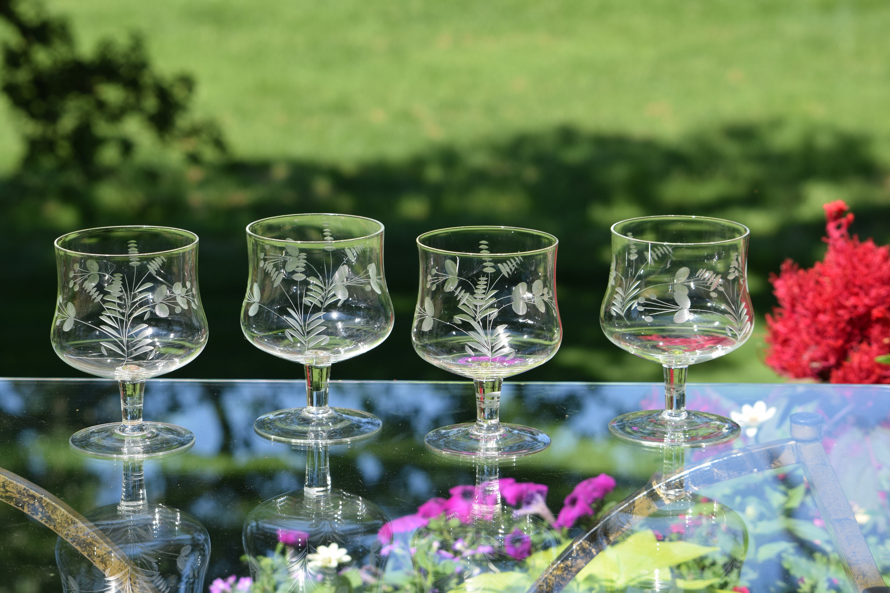 Vintage Etched Glass Brandy Snifter Glasses Cocktail Glasses, Set of
