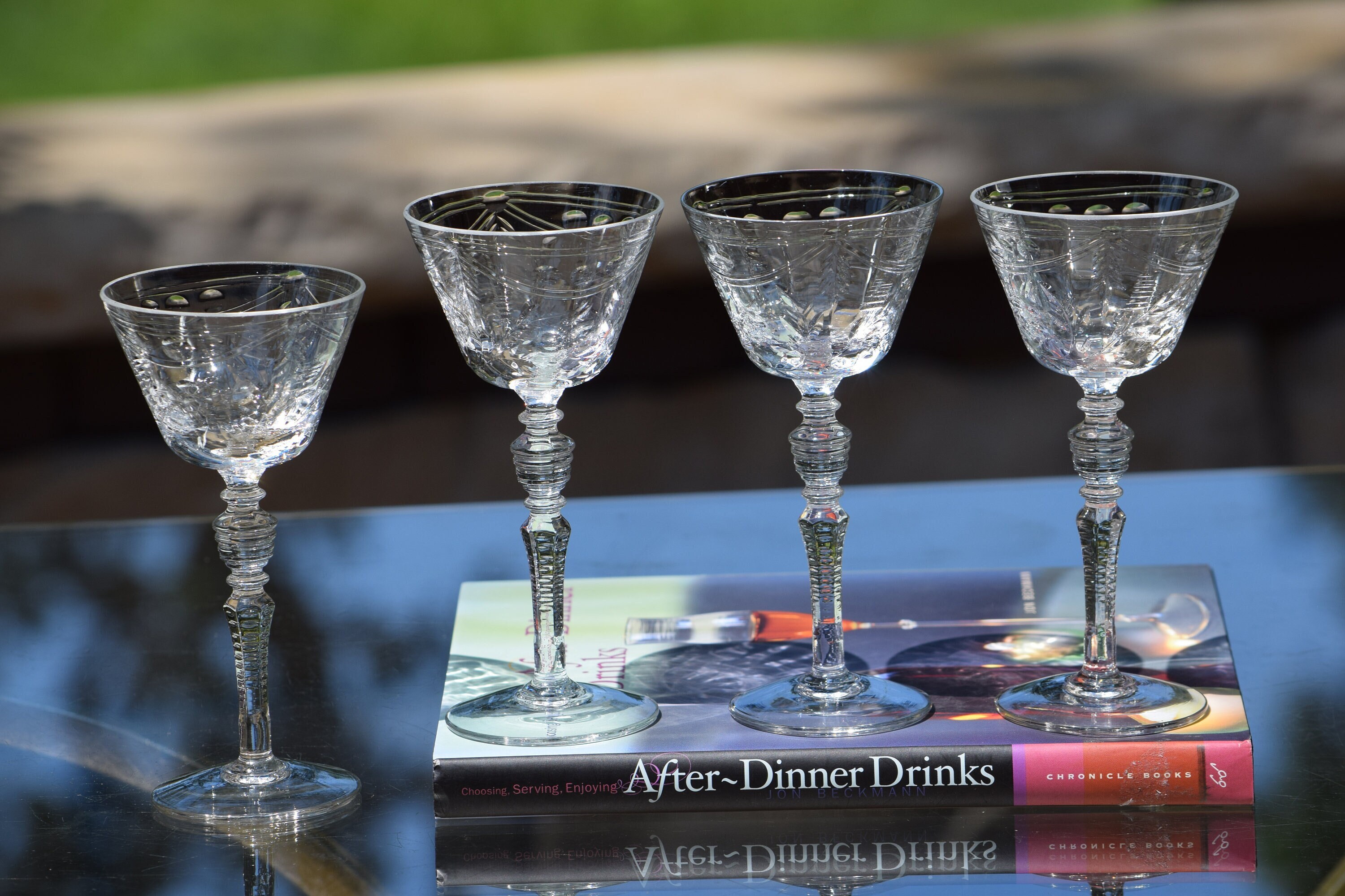 Vintage 1950's Cut Crystal large Wine Glass Set of 4 - Detailed Floral  Design