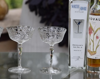 4 Vintage Etched Cocktail Glasses, 1940's, Rare Etched-Cut stem with Etched Foot, Nick and Nora, Craft Cocktail Glasses