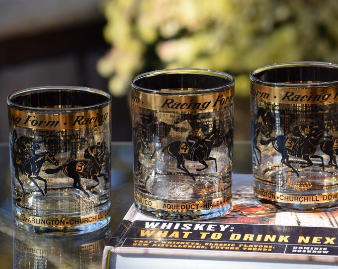Vintage Double Old Fashion Whiskey Glasses, Racing Form, Horse Track Collectibles