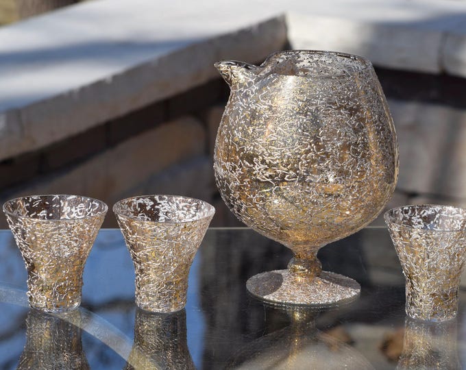 Did someone say COCKTAIL PARTY? Vintage Gold & White Cocktail Pitcher with matching shot glasses, 1960's, Mid Century Barware, Tequila Shots