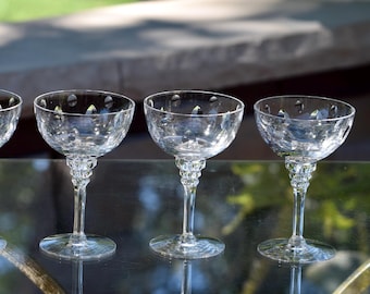 4 Vintage CRYSTAL Etched Cocktail Martini Glasses,  Mid Century Glassware, Tiffin Franciscan, 1960's, Nick & Nora Coupes,  Champagne Coupes