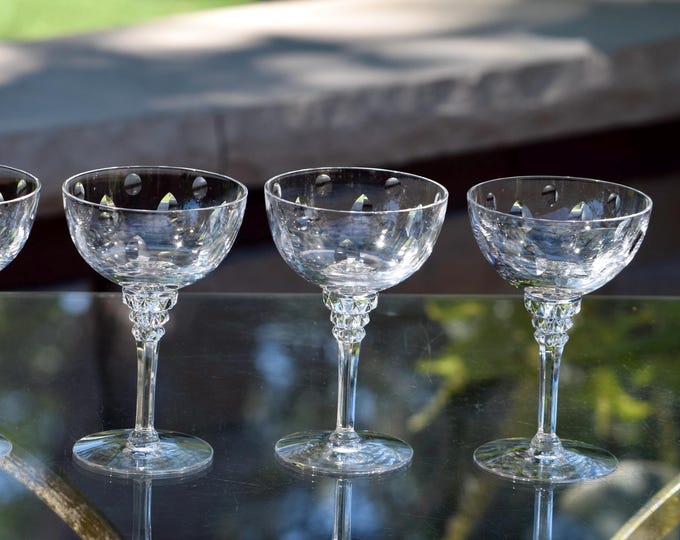 4 Vintage CRYSTAL Etched Cocktail Martini Glasses,  Mid Century Glassware, Tiffin Franciscan, 1960's, Nick & Nora Coupes,  Champagne Coupes