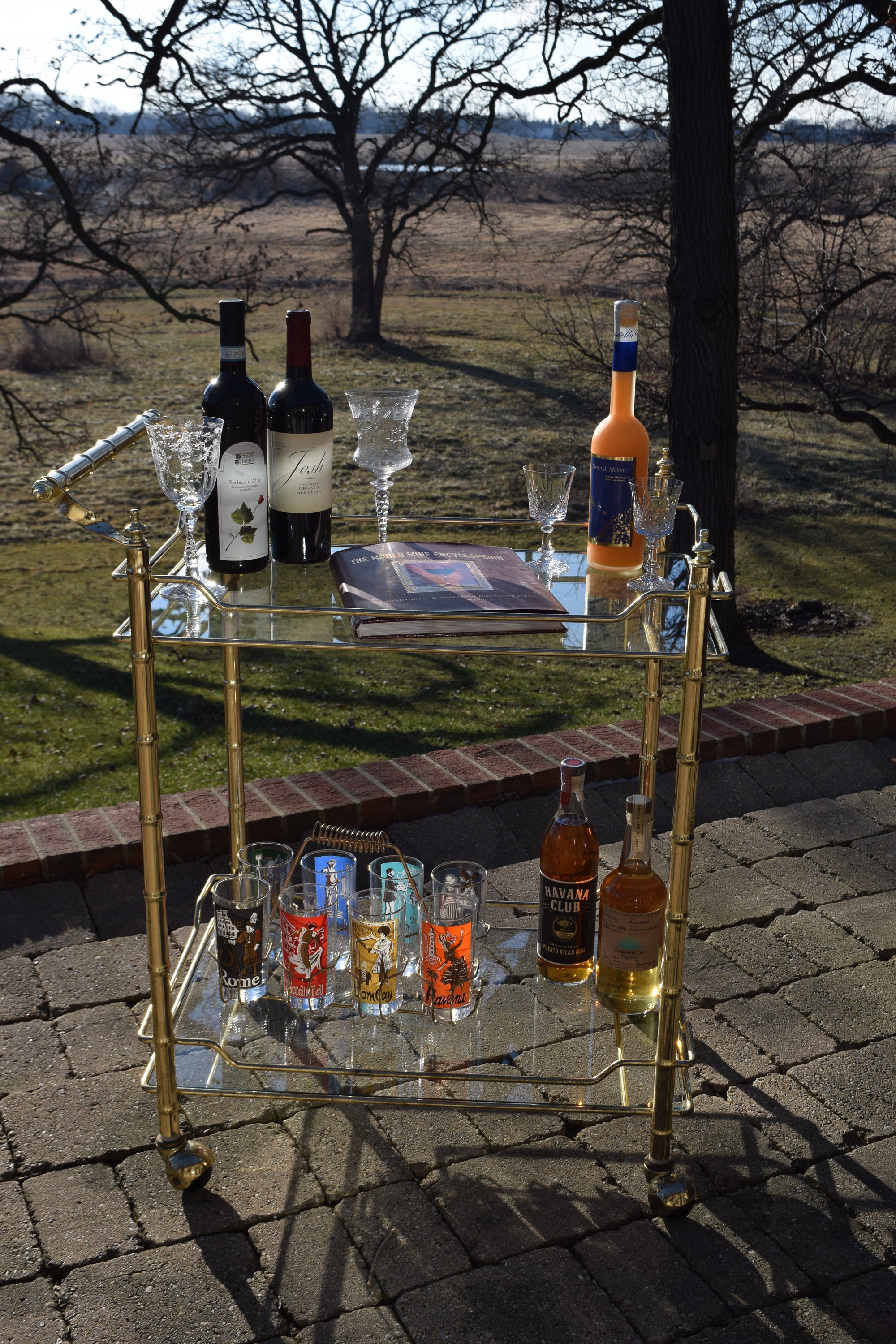 SOLD Reserved for Emma Vintage Gold Cocktail Bar Cart, Mid Century