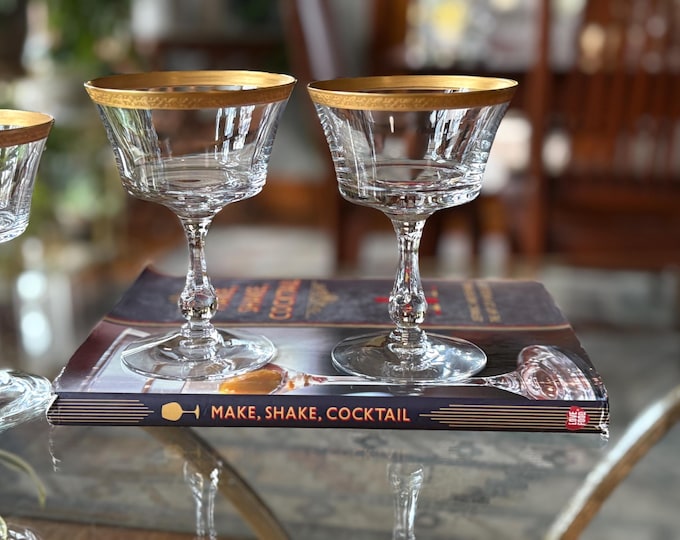 Vintage Fostoria Cocktail Glasses: Gold Encrusted Rim, Set of 4, Martini Glasses