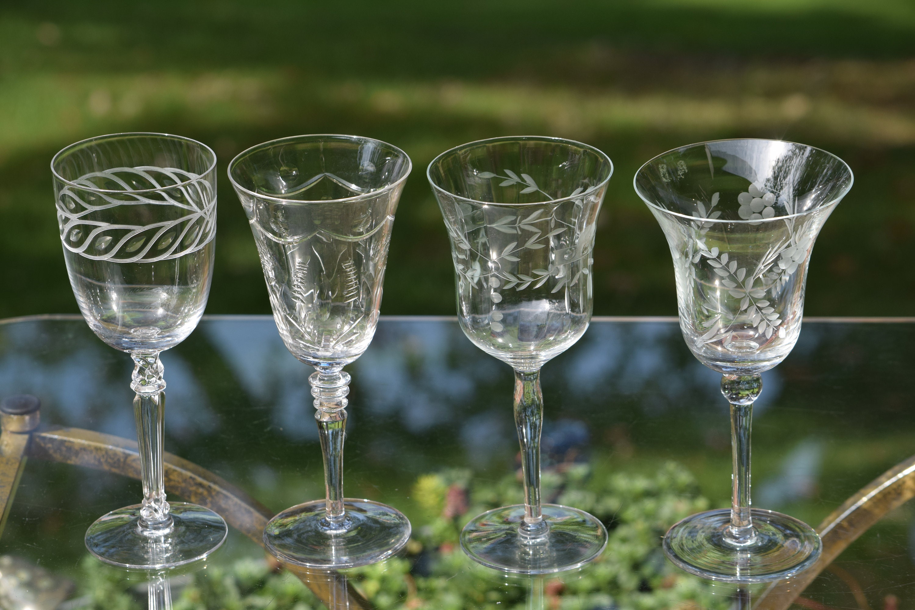 Vintage Etched Wine Glasses, Set of 4, Set of 4 Mis-Matched Etched Wine ...