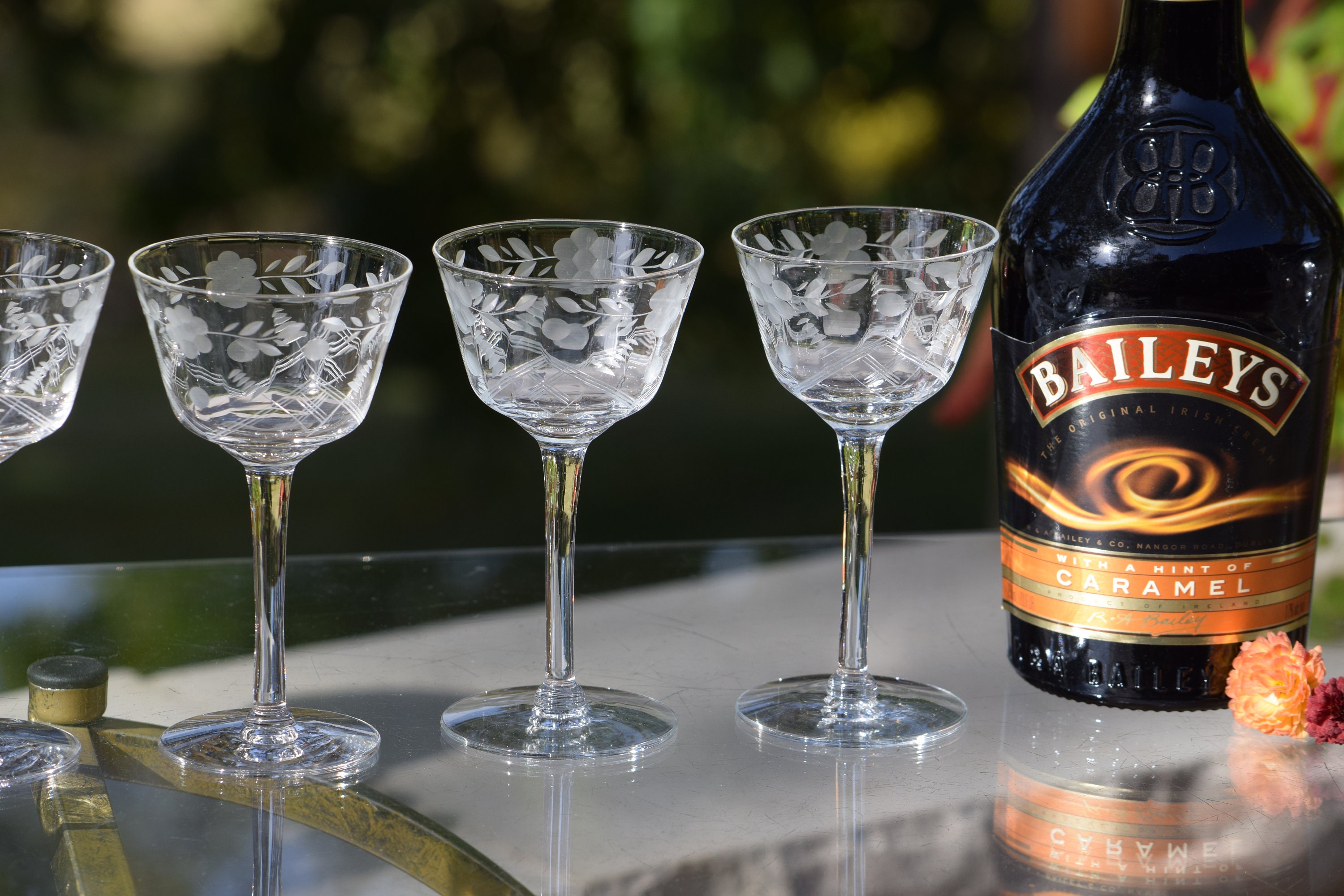 6 Vintage Etched Liqueur Wine Cordials Glasses, 1950's, 3 oz After