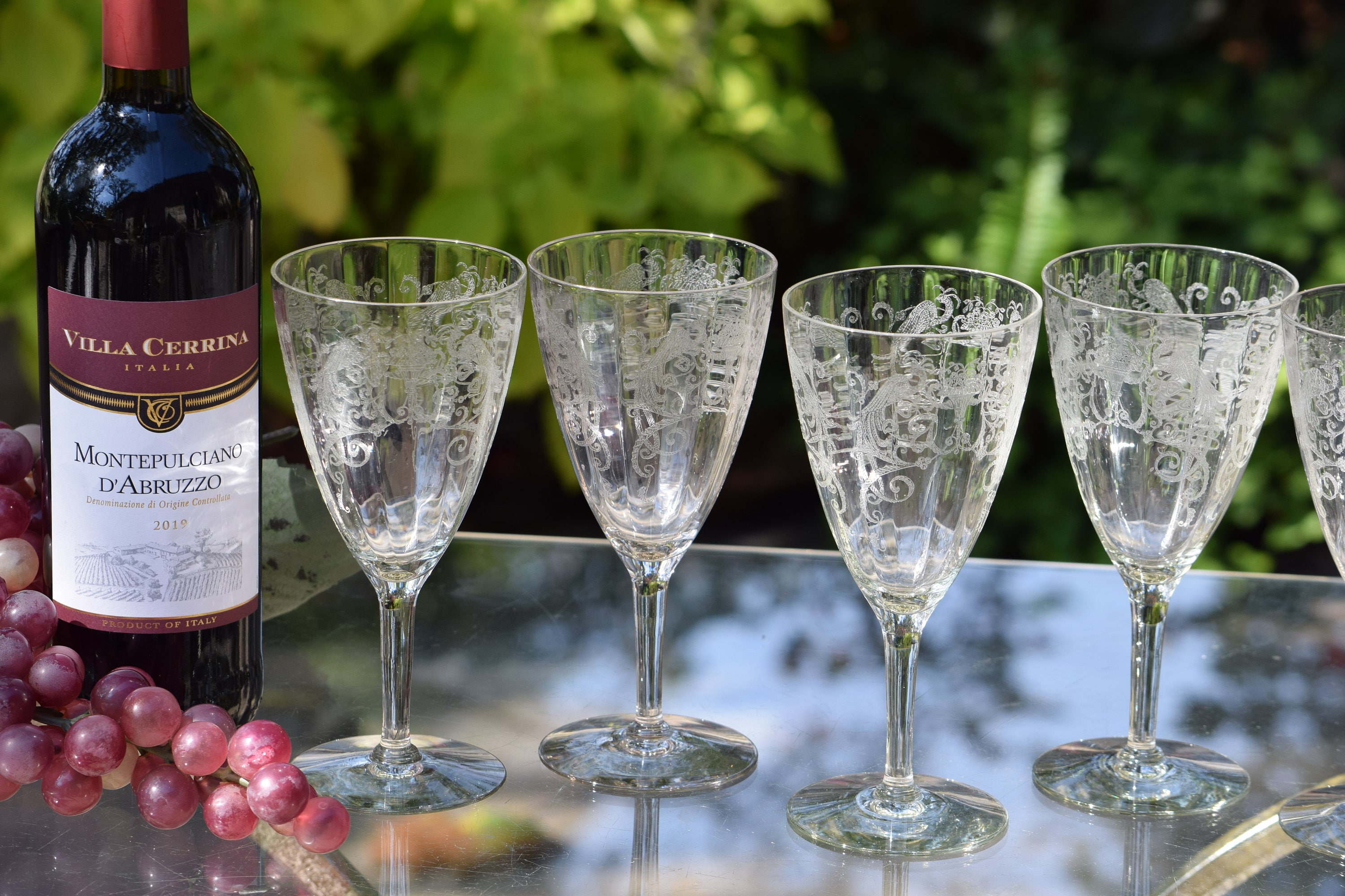 Gorgeous! 6 Etched Antique Wine Goblets/Glasses. Fancy