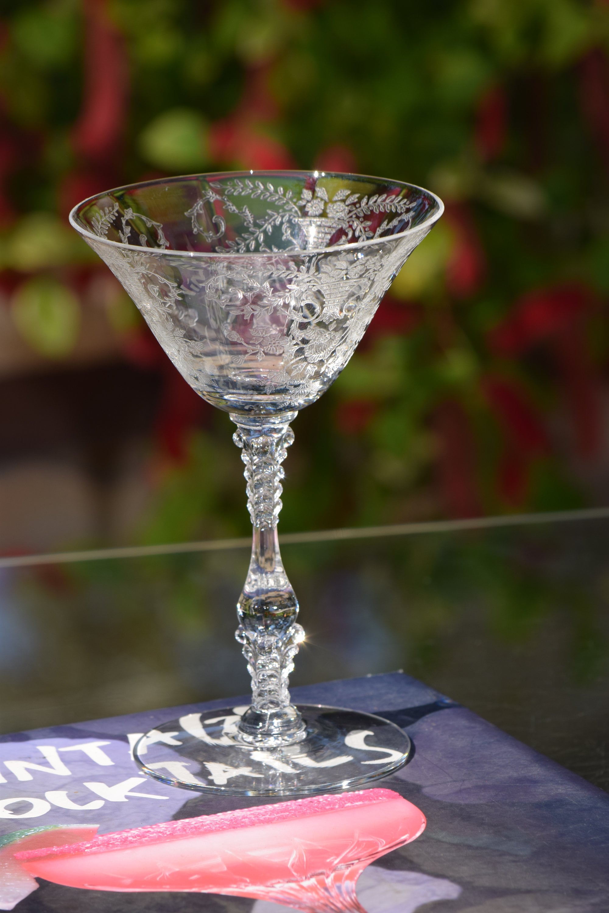 4 Vintage Etched Cocktail Martini Glasses, Set of 4 MisMatched Mixed