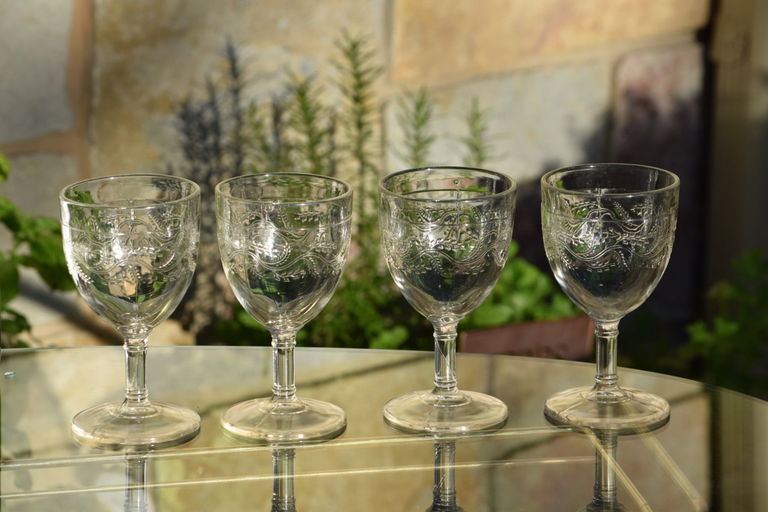 5 Vintage Wine Glasses Set of 5, Antique Pressed Glass Wine Glasses