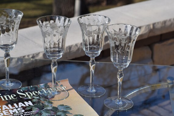 6 Vintage Etched Crystal Wine Glasses, 1950's, Tall Vintage Water