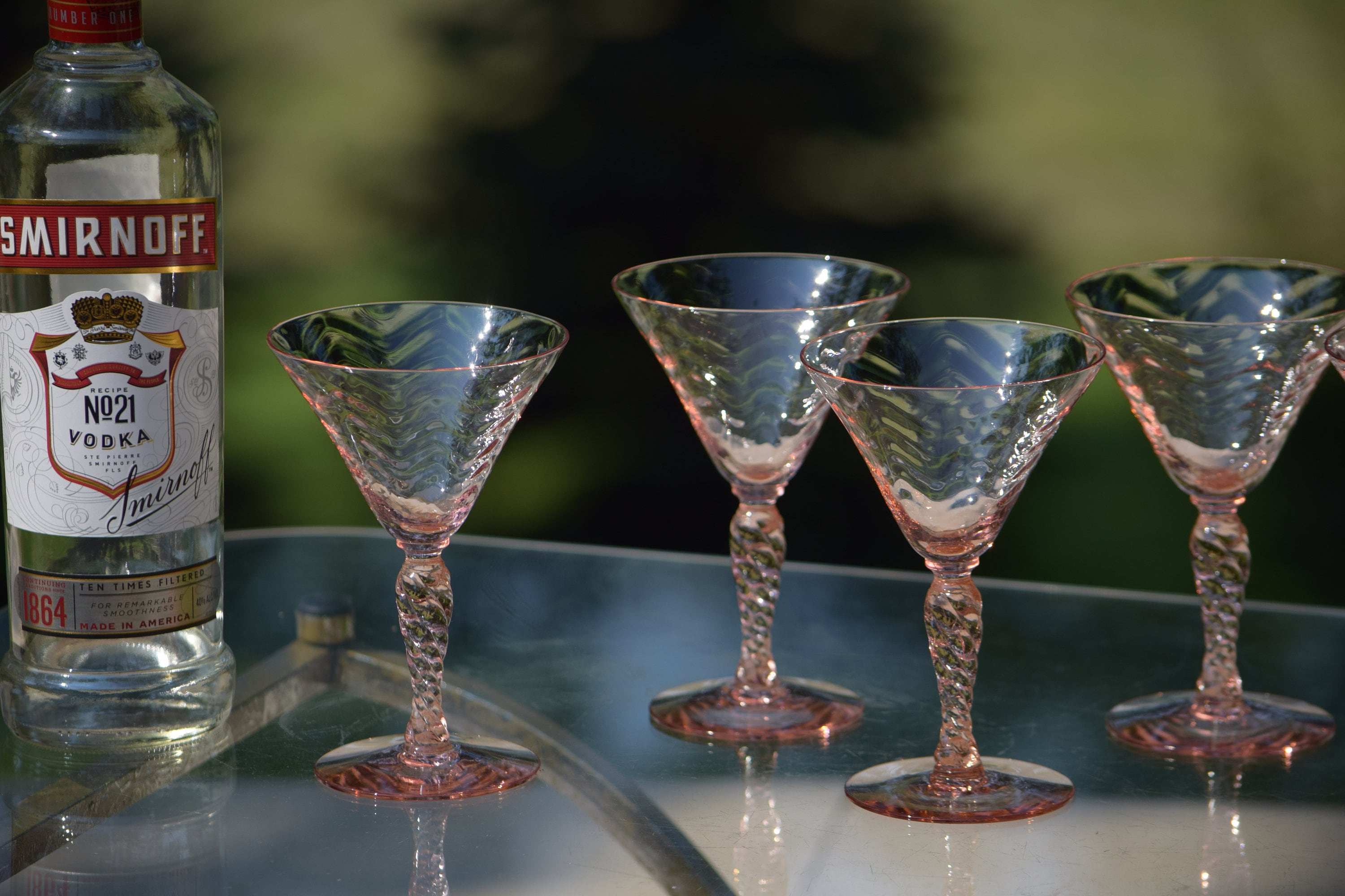 4 Vintage Pink Festoon Optic Cocktail Martini Glasses, Circa 1930's