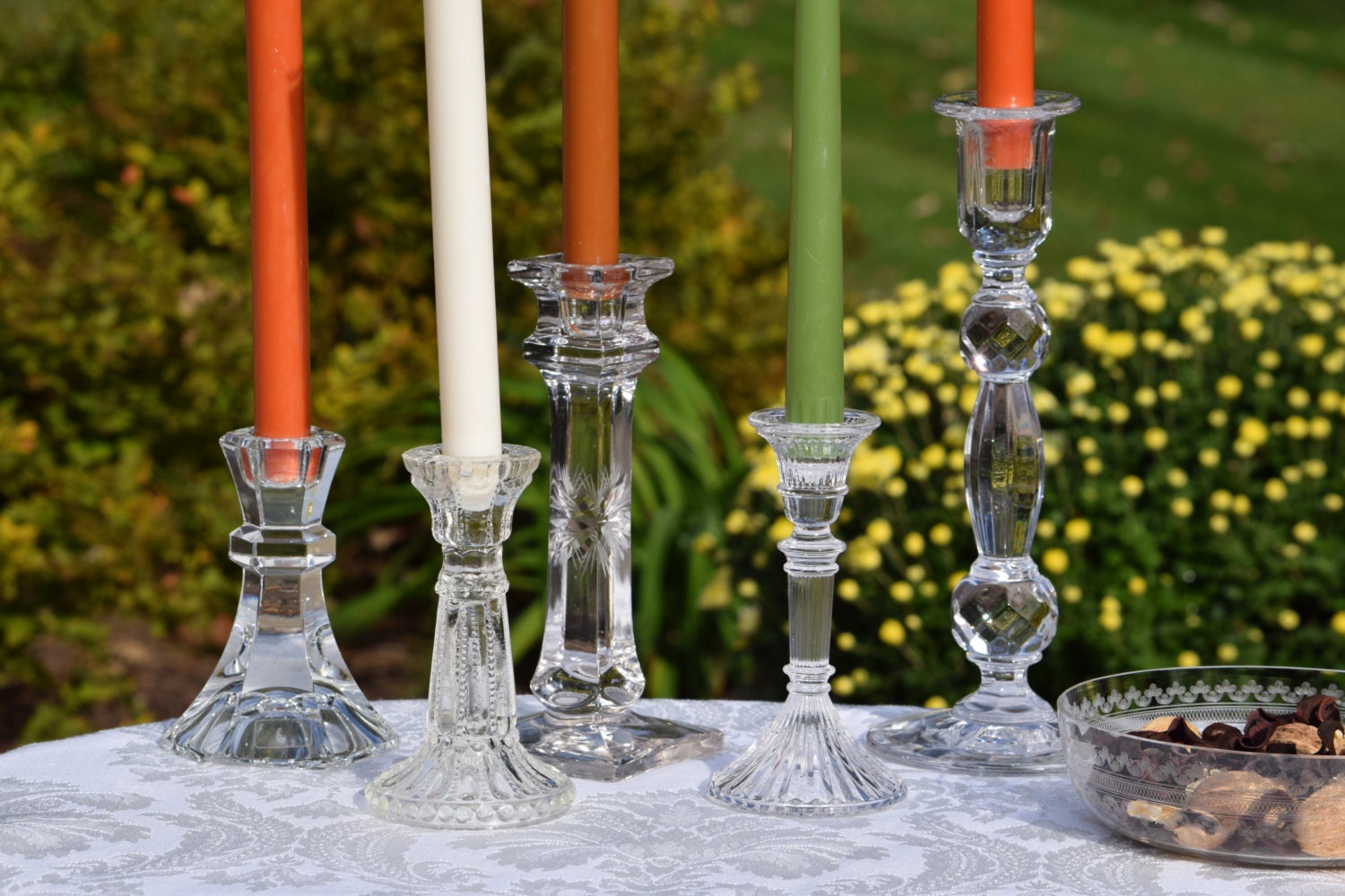 Vintage Glass Etched Candlesticks Collection, Set of 5, Wedding Table